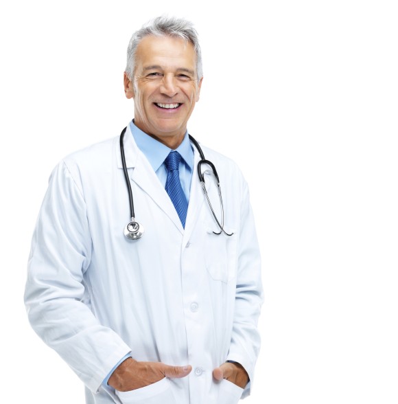 Smiling male doctor with stethoscope around neck and hands in his lab coat